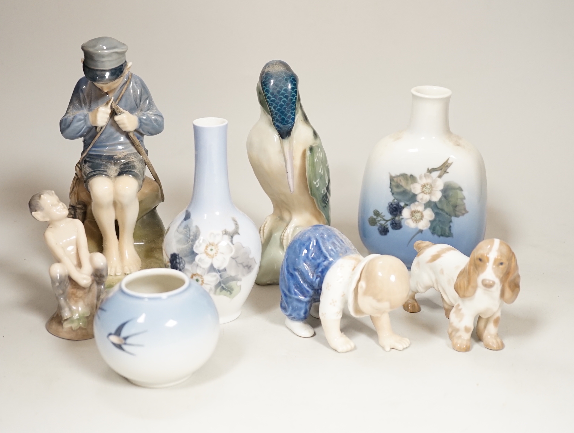 A group of assorted Royal Copenhagen figures and vases, tallest 17cm, together with a continental porcelain figure of a Kingfisher